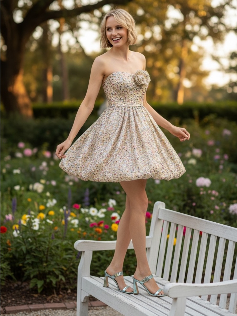 liv  Foster Gold Cream Sequin Strapless Fit and Flare Dress